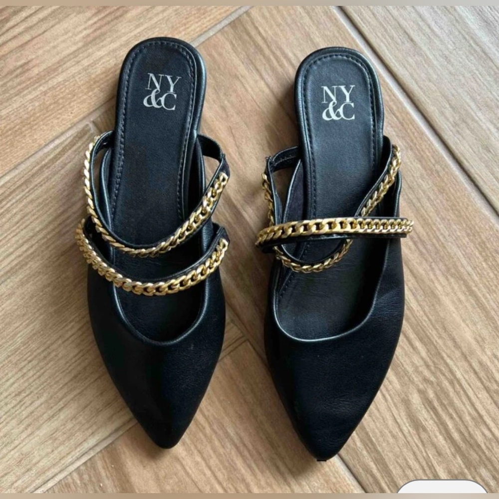 New York & Company Black Mules with Gold Chain Detail